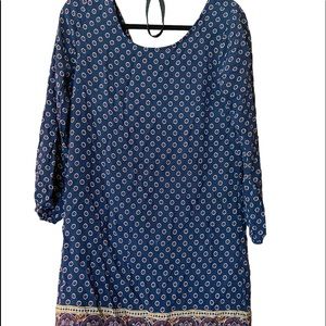 Forever 21 Large Fall Work Boho Classy Dress navy blue w/ purple flowers paisley